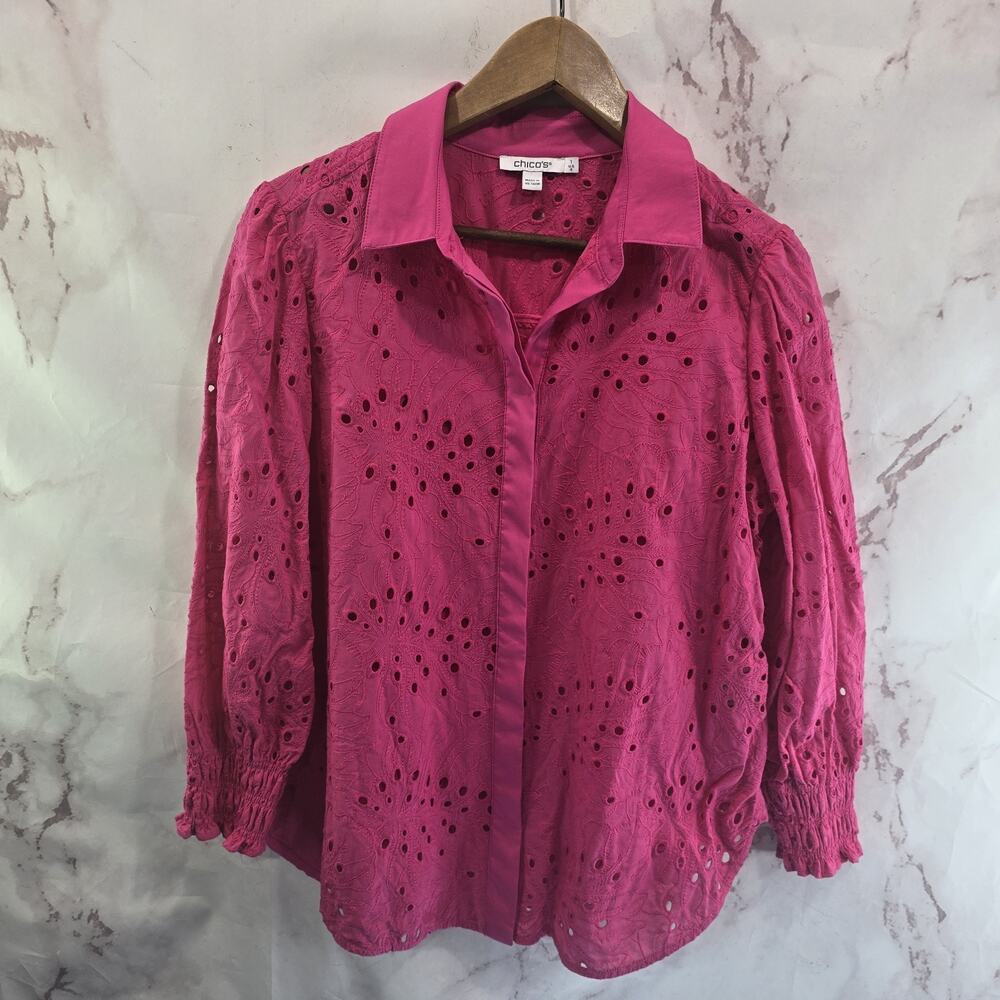 Chicos Shirt Womens 1 Medium Pink Button Up Embroidered Eyelet Puff Long Sleeve